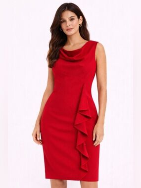 Calvin Klein Red Ruffle Sheath Dress Estimated S 4 Cocktail Holiday
